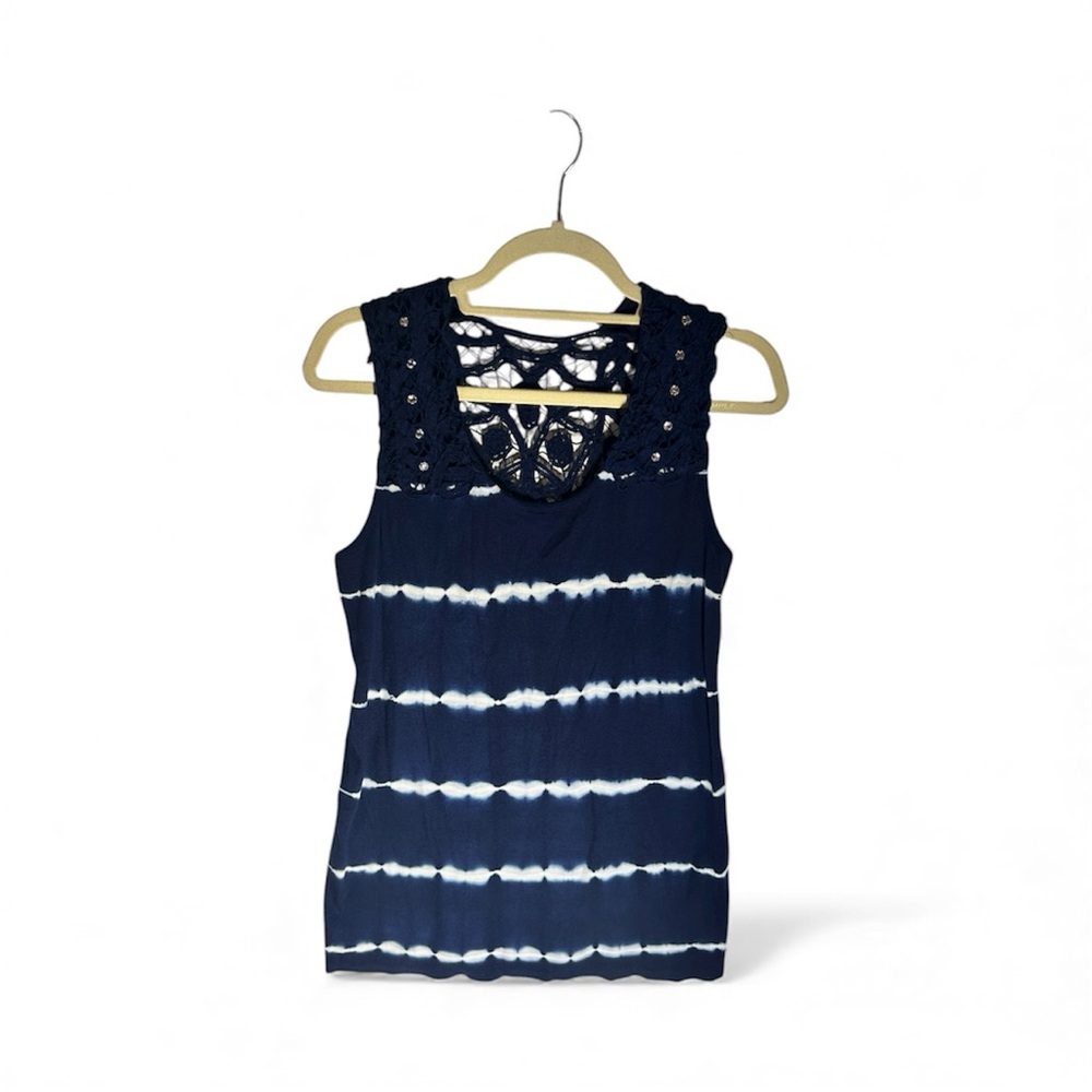 INC Blue Tie-Dye Tank Top with Rhinestone Crochet Back | Boho Summer Top 1X
